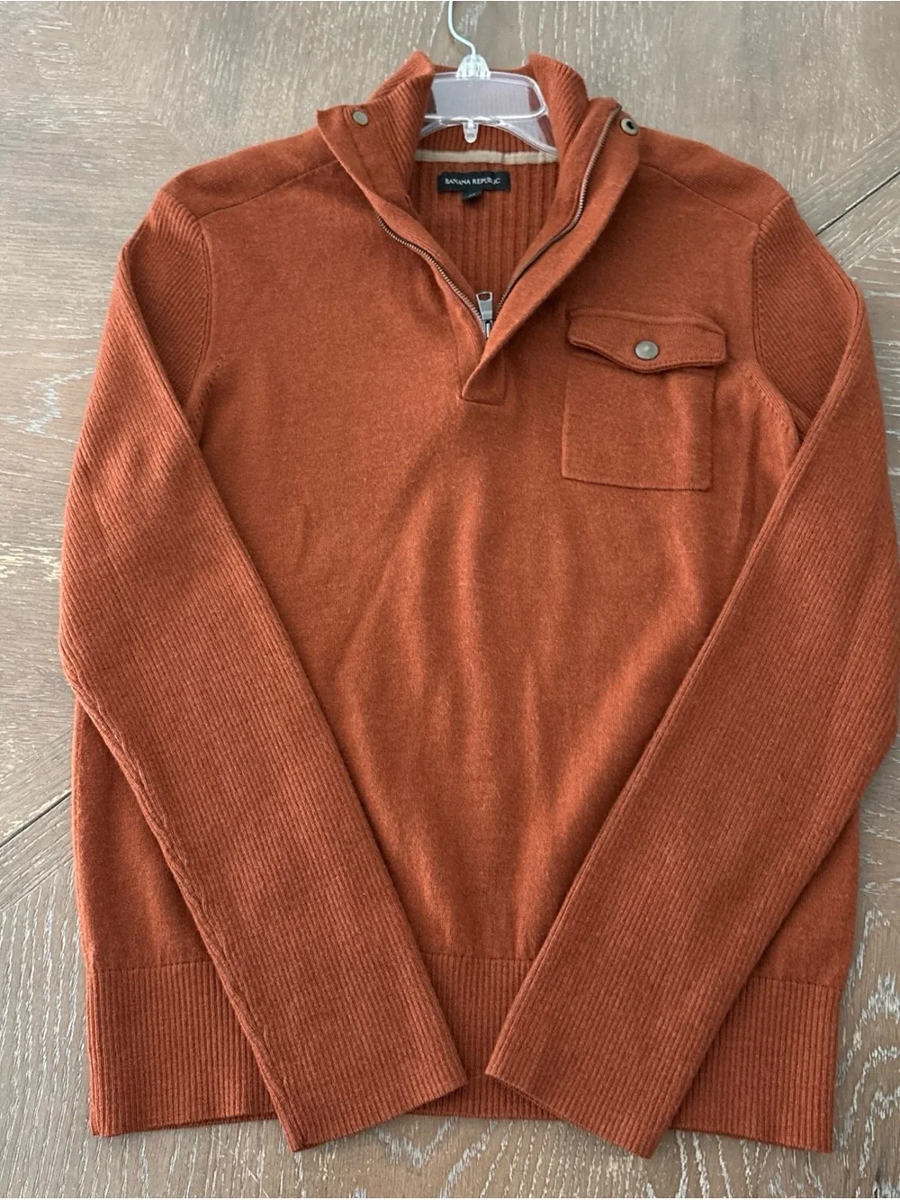 Banana Republic Men's Rust Zip-Neck Sweater with Snap Pocket Fine Merino Wool